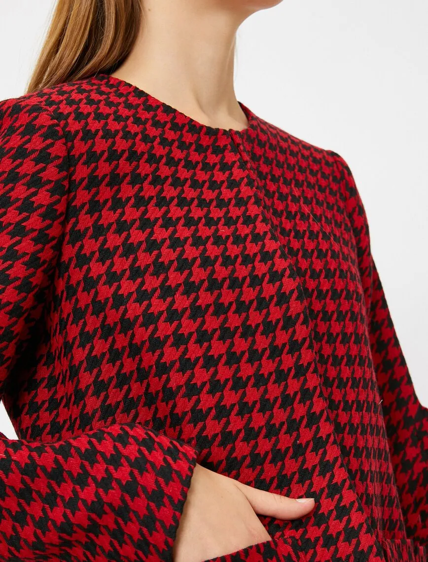 16498 Red Round Neck Check Jacket