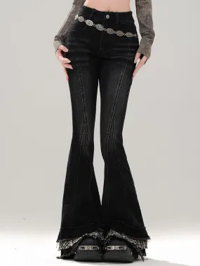 Black Plaid Patchwork Cuffs Fishtail Jeans