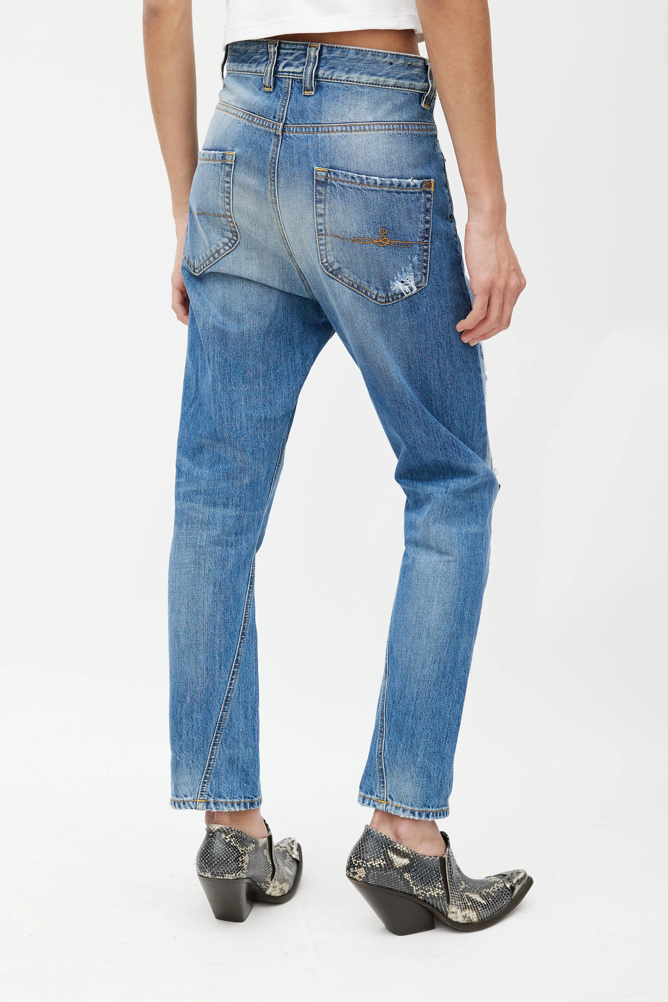 Blue Patchwork Distressed Slim Jeans