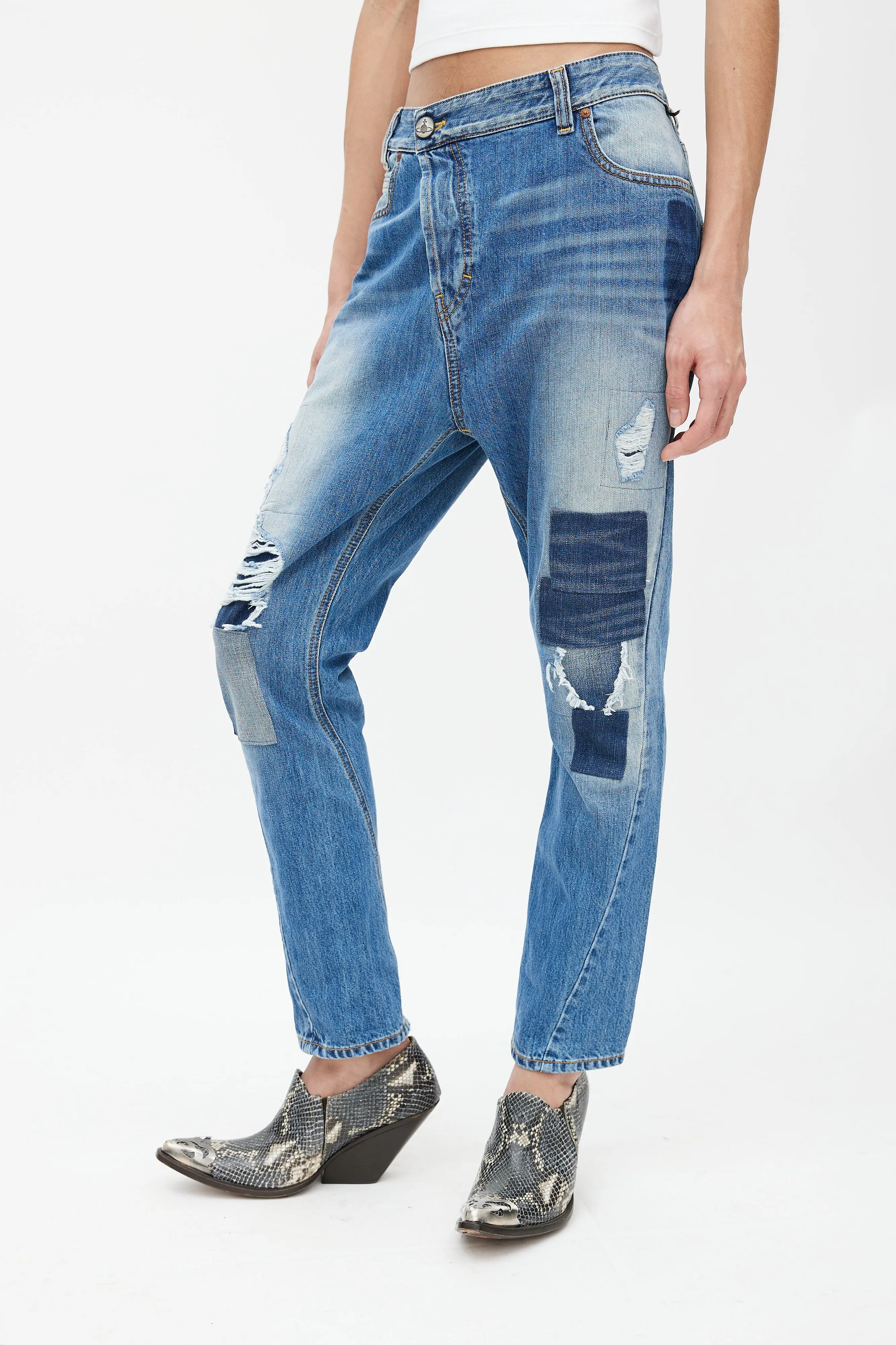 Blue Patchwork Distressed Slim Jeans