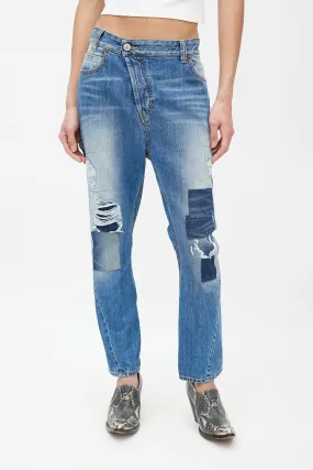 Blue Patchwork Distressed Slim Jeans