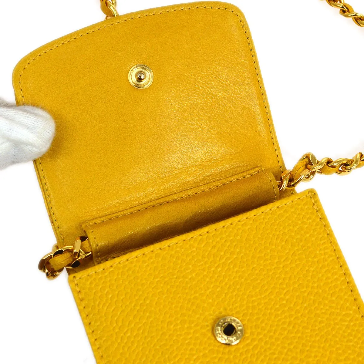 CHANEL 1996-1997 Chain Shoulder Bag Phone Case Yellow Caviar Skin NR14031h