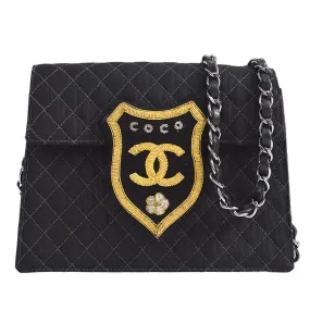 CHANEL * 2005 Emblem Shoulder Bag Mini Black Canvas 57507