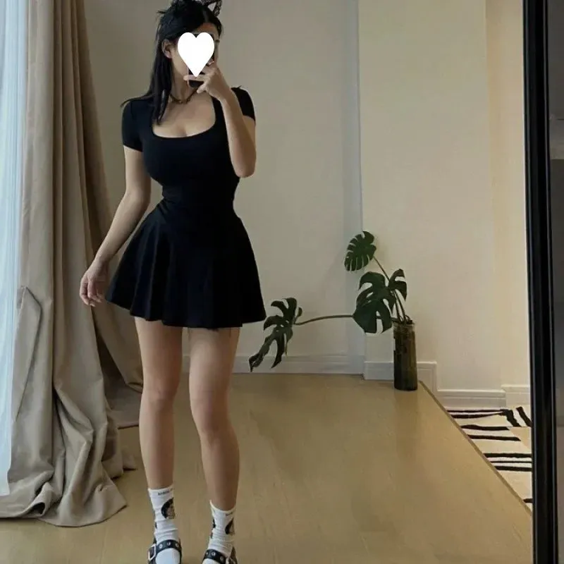 Elegant Rococo-Inspired Black Mini Dress with Square Collar – Women's Summer Casual Day Dress