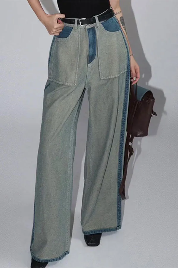 hulianfu Color Block Patchwork Casual Patch Pocket Jeans