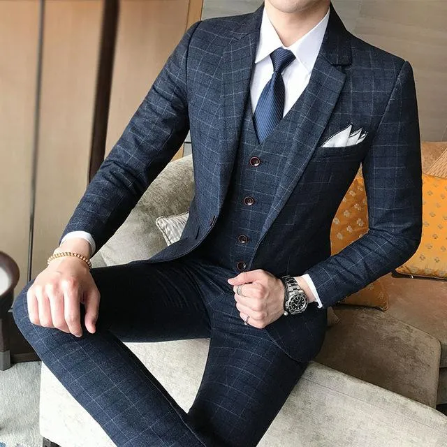 Men Wedding Dress Formal Wear Suits Blue Plaid Slim Suits Blazers Jackets Vest Pants Large Size New Male Single Breasted Suits