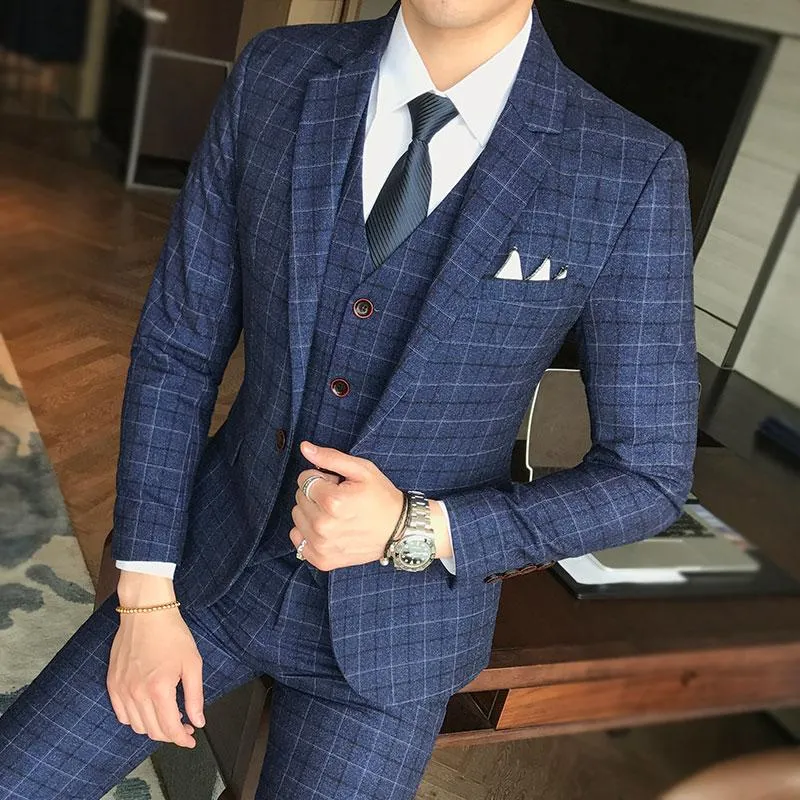 Men Wedding Dress Formal Wear Suits Blue Plaid Slim Suits Blazers Jackets Vest Pants Large Size New Male Single Breasted Suits