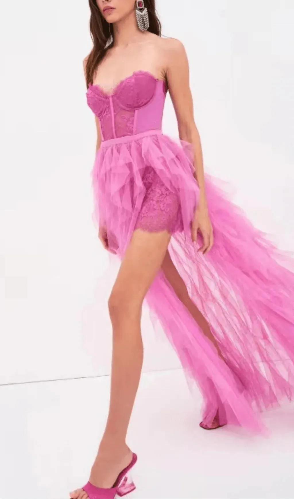 Pink Strapless Lace Patchwork Mesh Prom Dress