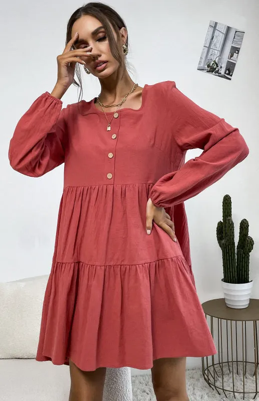 Tiered Ruffle Pleated Button Cotton Dress