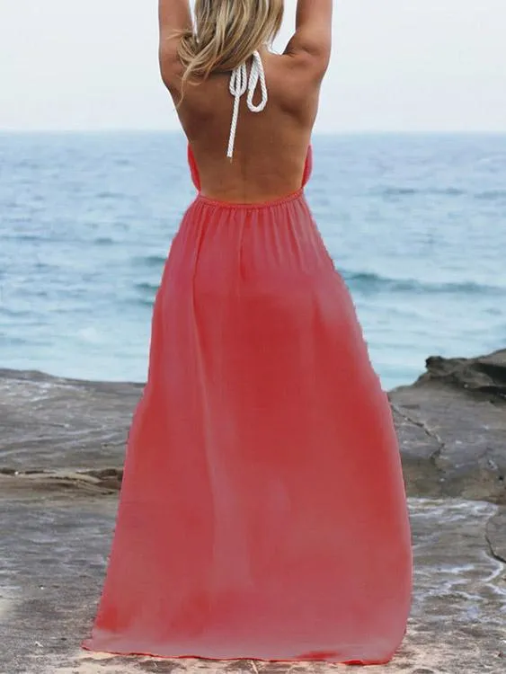 Wholesale Red Halter Sleeveless Plain Slit Hem Casual Dress