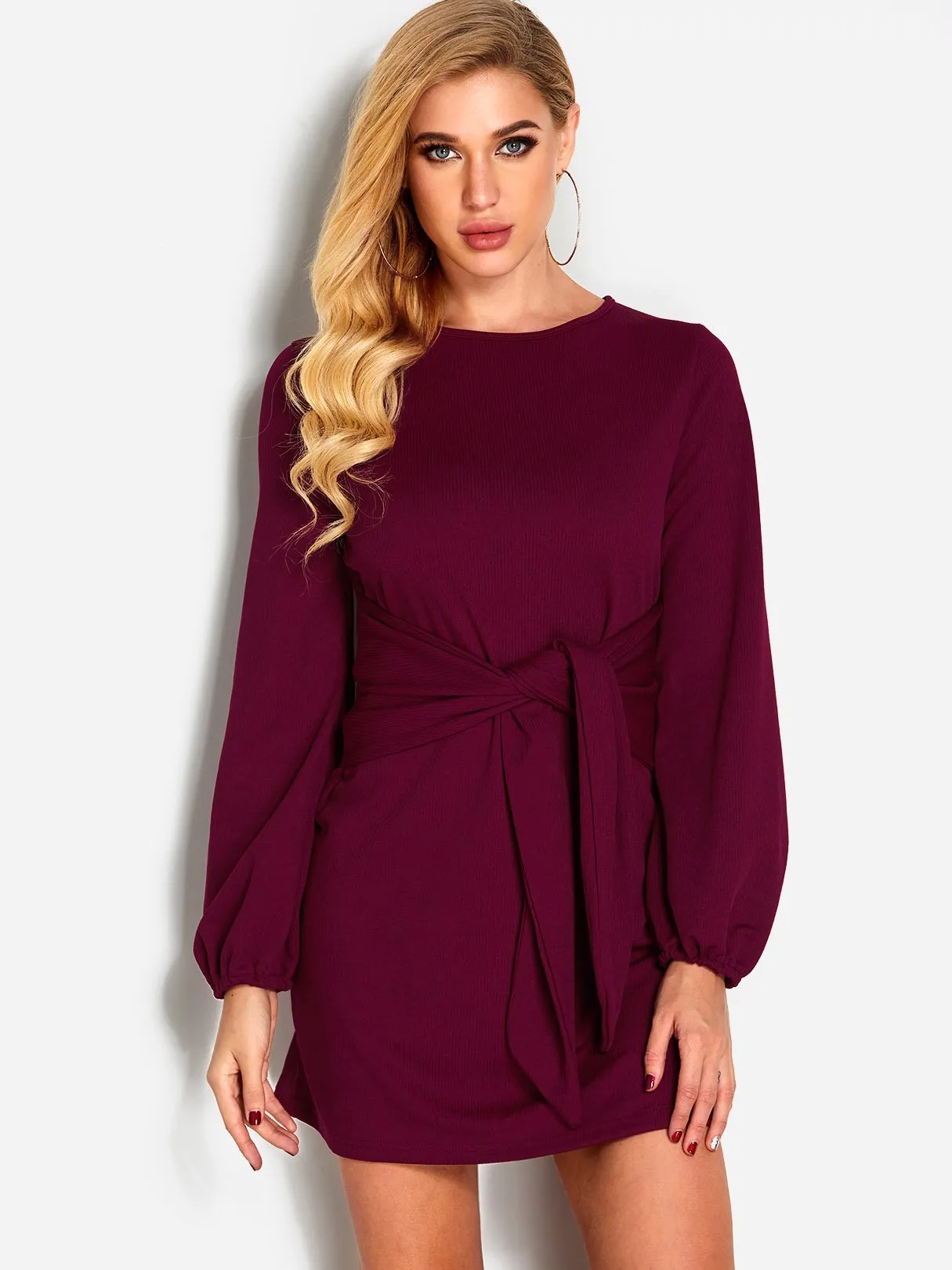 Wholesale Round Neck Long Sleeve Self-Tie Casual Dress