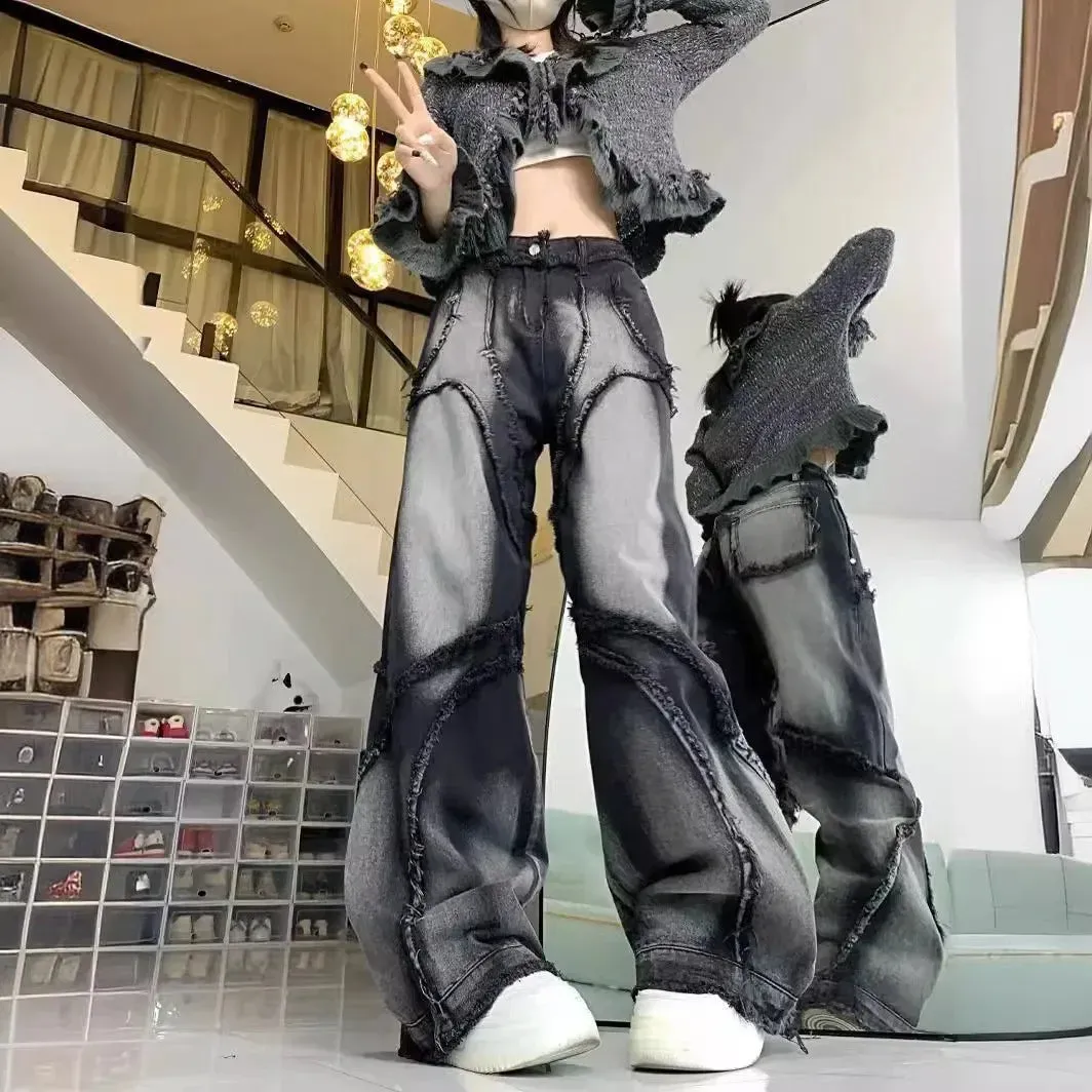 Y2K Baggy Wide Leg Jeans für Frauen Schwarz und grau
